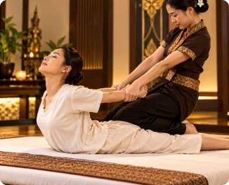 Traditional Thai massage stretching performed in a wooden treatment room